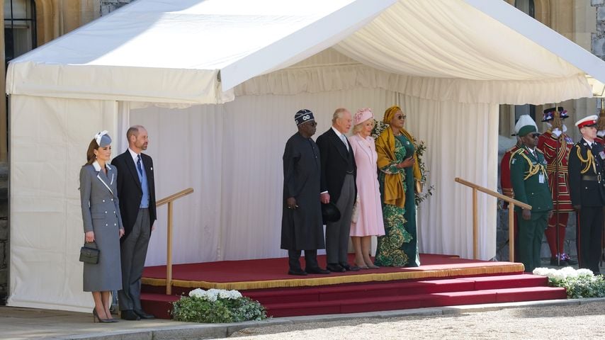 Kate, William, Bola Ahmed Tinubu, König Charles III., Königin Camilla und Oluremi Tinubu beim Staatsbesuch in Windsor
