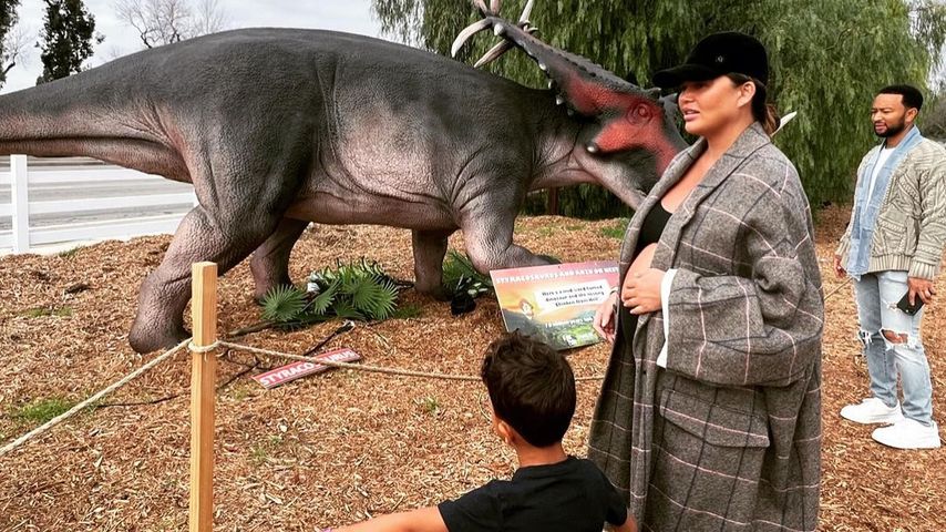 Chrissy Teigen mit ihrem Sohn und John Legend im Dino-Park