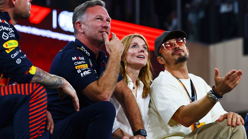 Christian Horner, Geri Halliwell und Orlando Bloom beim Formel-1-Rennen in Abu Dhabi, November 2023