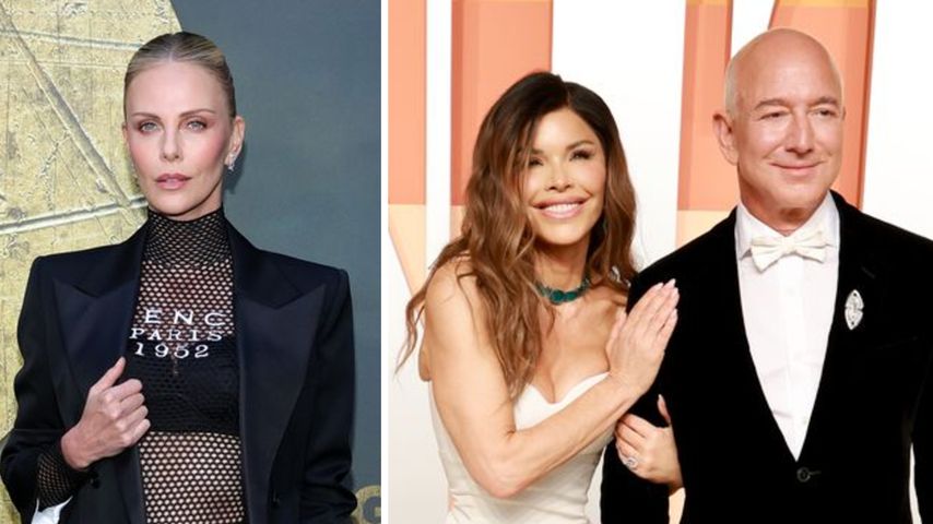 Collage: Charlize Theron, Lauren Sánchez und Jeff Bezos