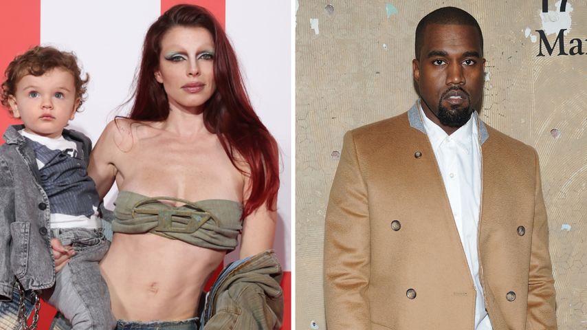 Collage: Julia Fox mit ihrem Sohn und Kanye West