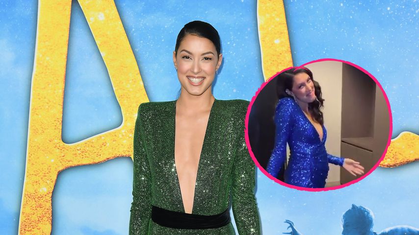Stolze Babykugel: Model Rebecca Mir lässt die Hüften kreisen