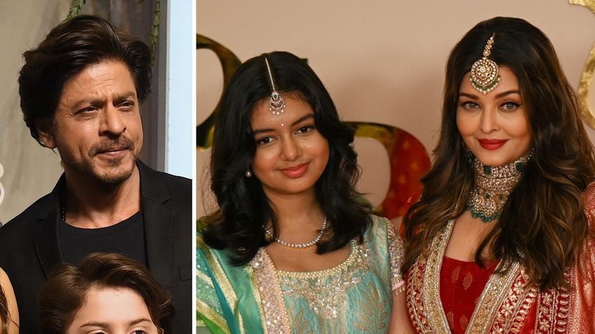 Collage: Shah Rukh Khan mit seinem Sohn AbRam Khan, Aishwarya Rai Bachchan und ihre Tochter Aaradhya Bachchan