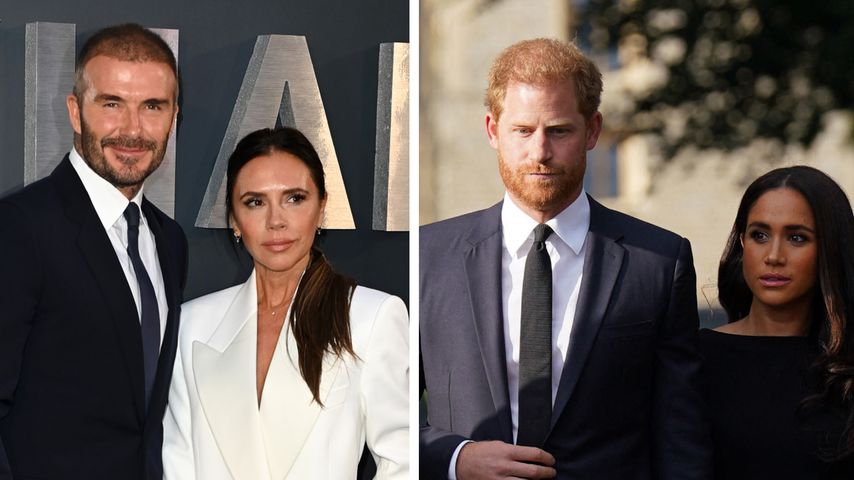 Collage: David und Victoria Beckham, Prinz Harry und Herzogin Meghan