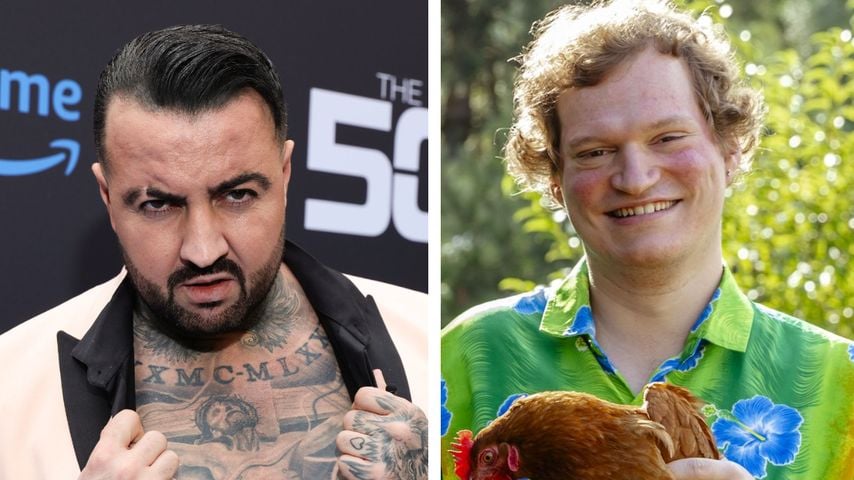 Cosimo und Fritz Wagner baden nackt im "Der Promihof"-Teich