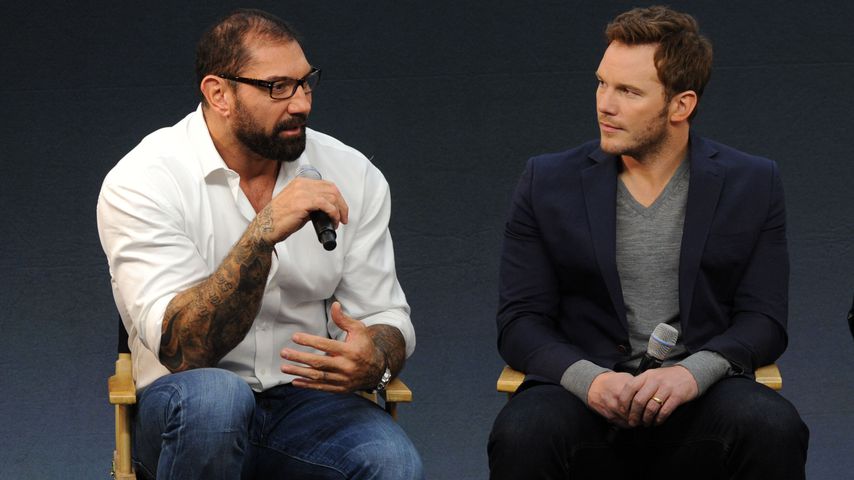 Dave Bautista und Chris Pratt auf einer Pressekonferenz in London im Juli 2014