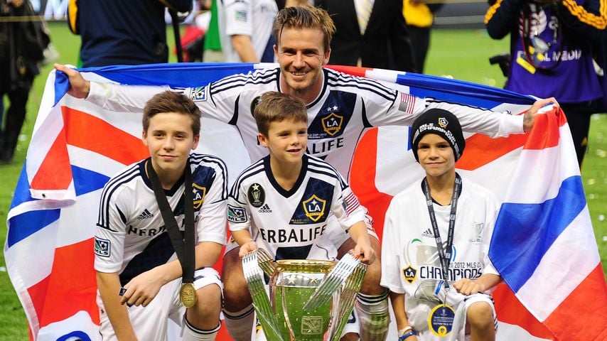 David Beckham mit Brooklyn, Cruz und Romeo nach dem MLS-Cup-Sieg der LA Galaxy 2012