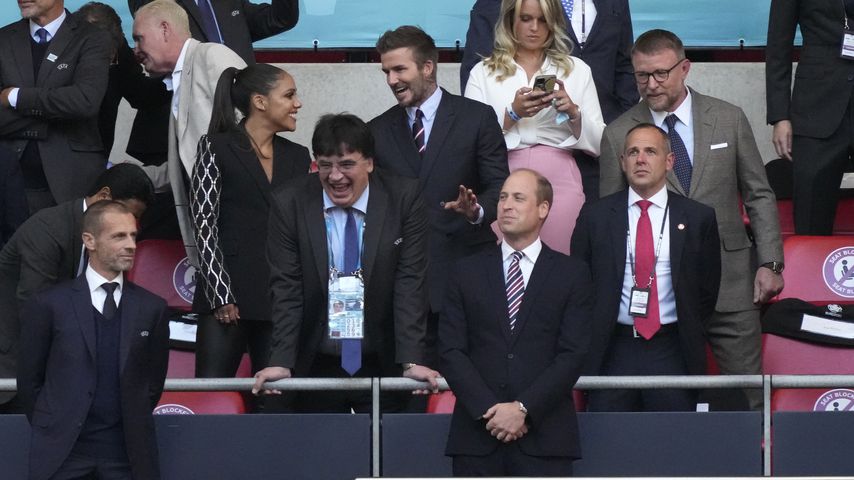David Beckkam, Prinz William und Aleksander Ceferin beim EM-Halbfinale England gegen Dänemark im Jul