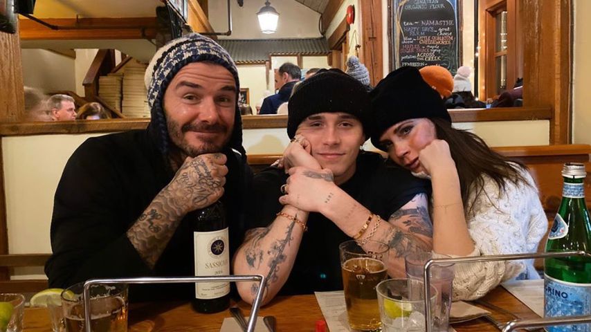 David, Brooklyn und Victoria Beckham im Februar 2020