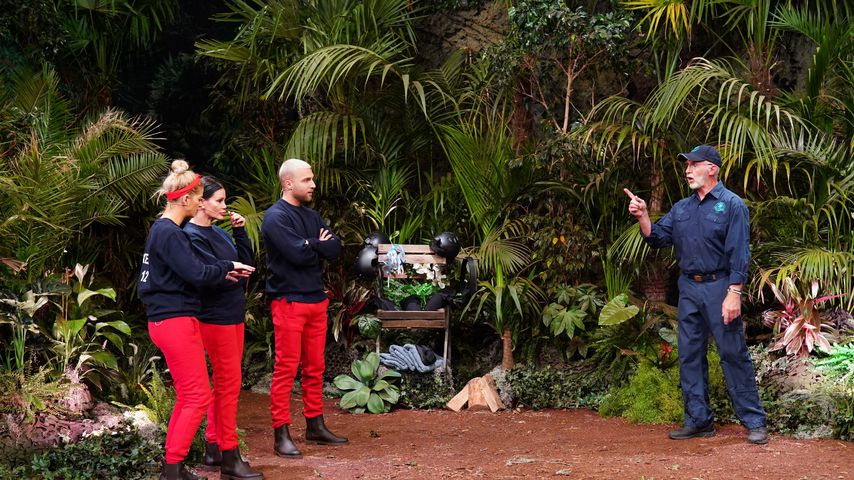 Die Dschungelshow-Kandidaten Xenia, Djamila und Filip mit Dr. Bob