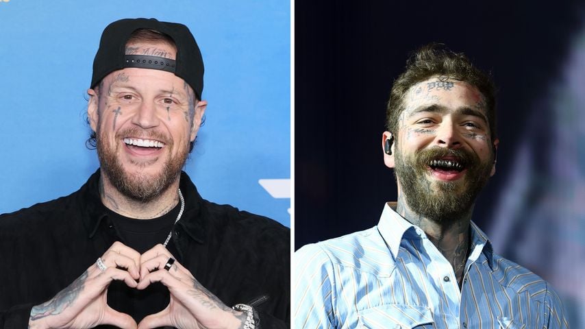 Collage: Die Musiker Jelly Roll und Post Malone sind gute Freunde.
