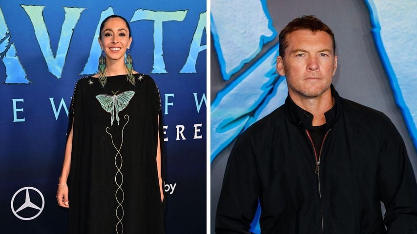 Collage: Oona Chaplin und Sam Worthington posieren vor einem "Avatar"-Plakat.