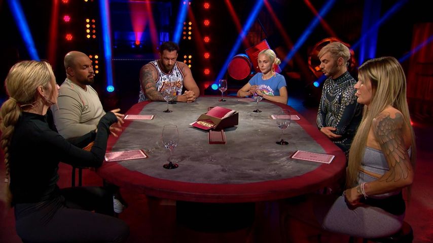 Die "Das Sommerhaus der Stars"-Kandidaten beim Spiel "Reinen Wein einschenken"