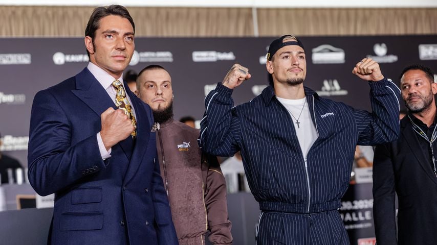 Fabio Knez und Max Bornmann bei der Pressekonferenz zu Fame Fighting 4 im Atlantic Hotel Essen