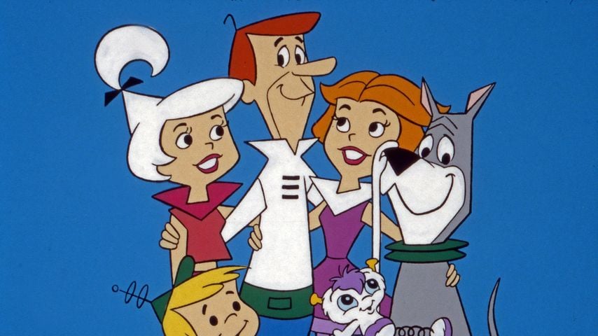 George, Jane, Judy und Elroy Jetson mit Hund Astro und Oribitti aus der Fernsehserie "Die Jetsons"