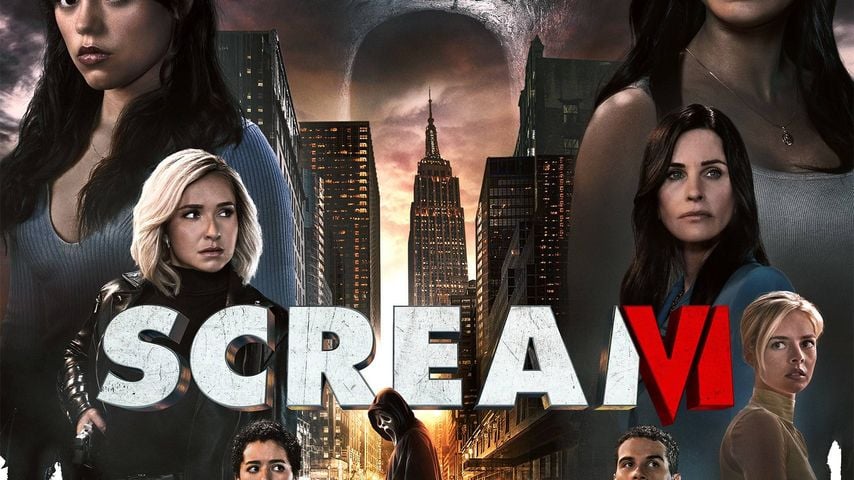 Poster zu Scream VI mit Jenna Ortega, Melissa Barrera, Courteney Cox, Hayden Panettiere und weiteren Stars des Ensembles