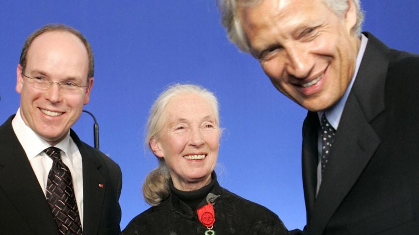 Fürst Albert mit Jane Goodall und Premierminister Dominique de Villepin, 2005