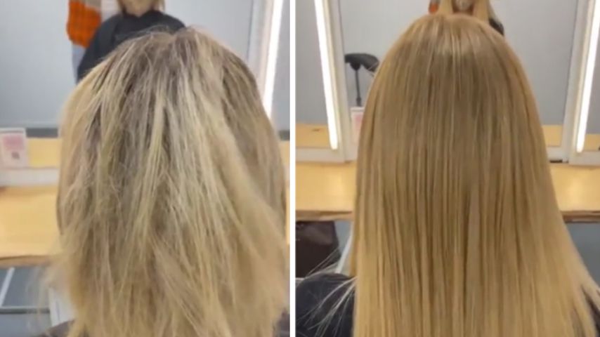 Collage: Gerda Lewis' Haare im Vorher-Nachher-Vergleich
