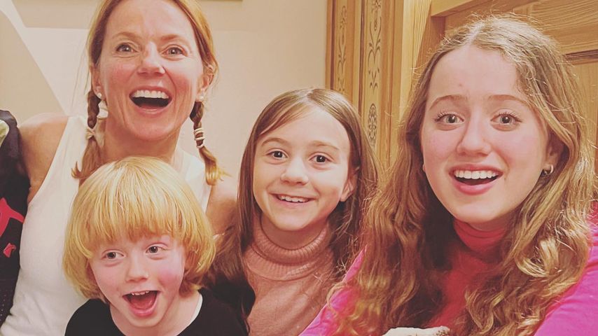 Geri Horner und ihre drei Kinder Monty, Olivia und Bluebell im März 2022