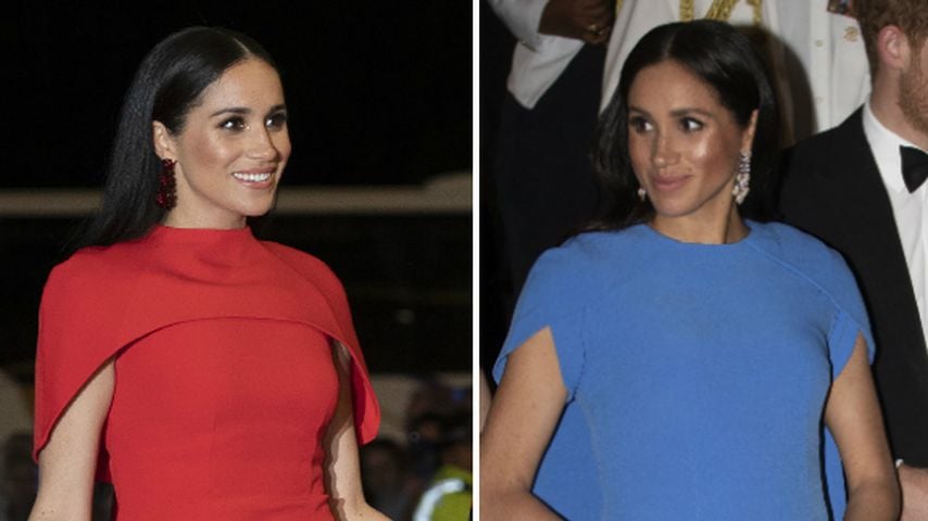 Roter Cape-Look: Hier trug schwangere Meghan ähnliches Kleid