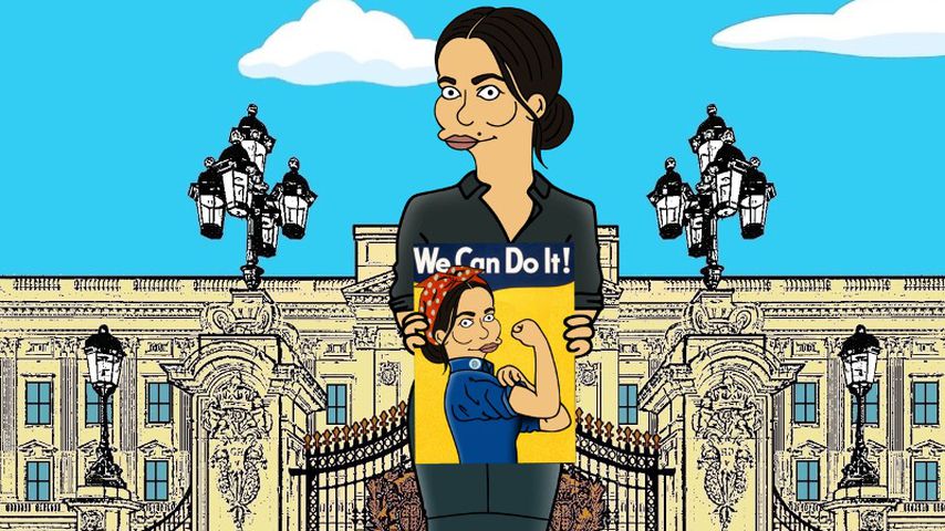 Herzogin Meghan im "Simpsons"-Stil mit einer Abbildung von Rosie the Riveter