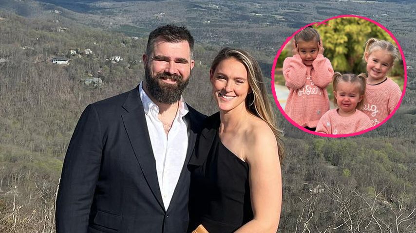 Collage: Jason und Kylie Kelce mit ihren Töchtern