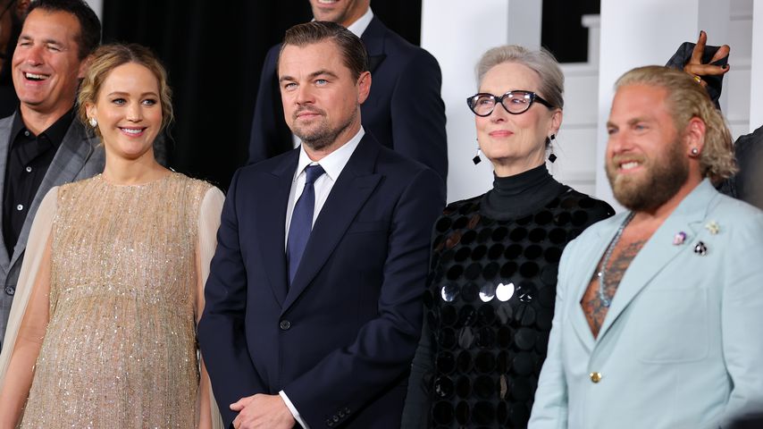 Jennifer Lawrence, Leonardo DiCaprio, Meryl Streep und Jonah Hill bei einer Premiere