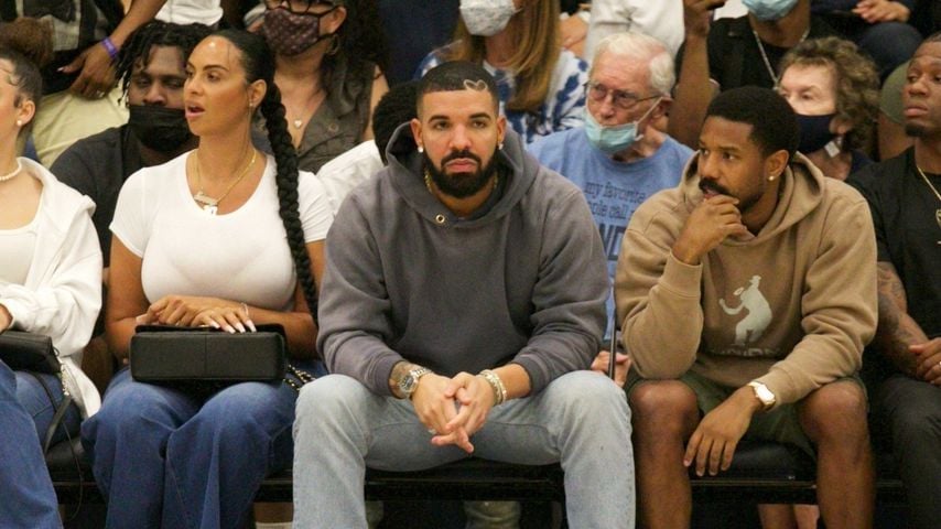Johanna Leia, Drake und Michael B. Jordan bei einem Basketballspiel in Chatsworth