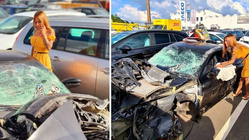 Julia Jasmin Rühle mit ihrem Unfallwagen