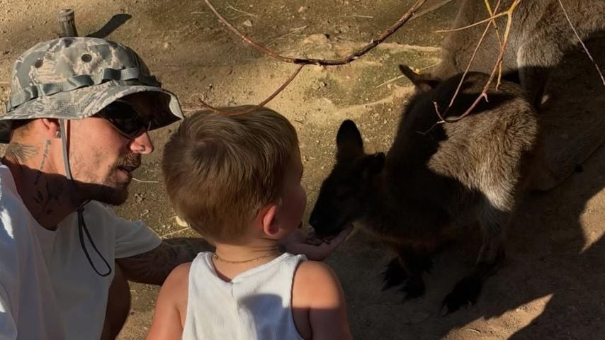 Justin Bieber und sein Sohn Jack füttern ein Känguru-Baby