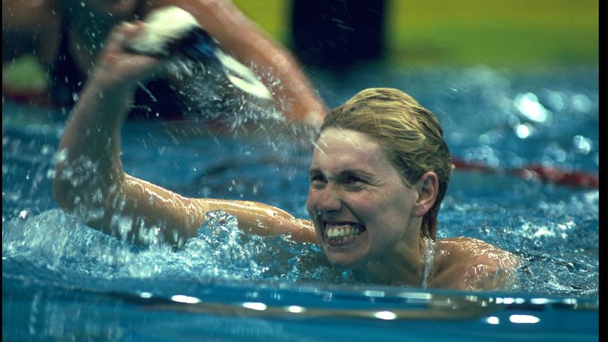 Kathleen Feldvoss nach ihrem Olympiasieg im September 1988