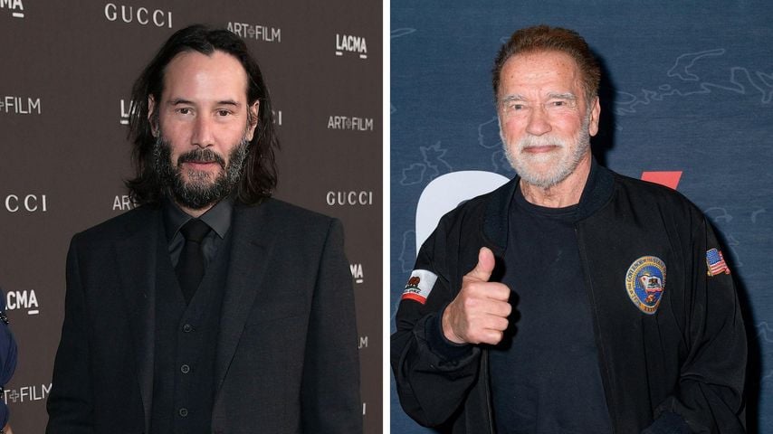 Collage: Keanu Reeves und Arnold Schwarzenegger posieren