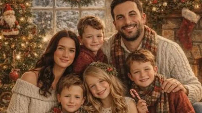 KI-Foto von Jade Roper Tolbert, ihrem Mann Tanner, ihren drei Kindern und dem zusätzlichen Jungen, Dezember 2025