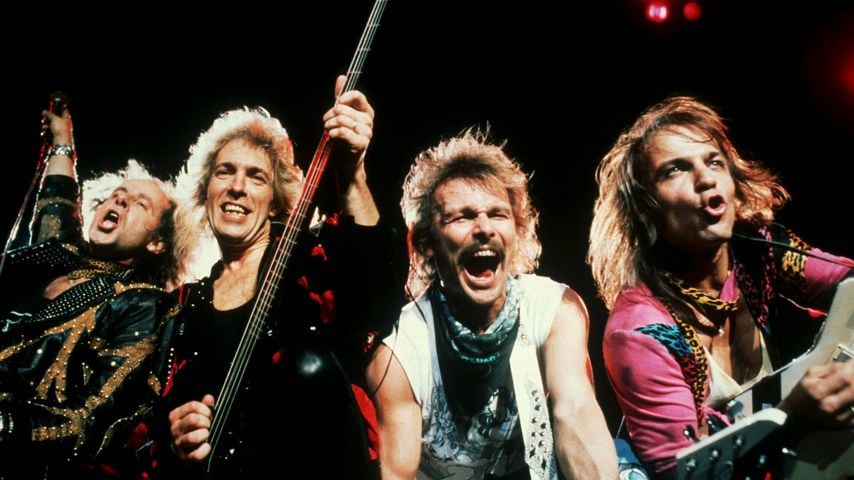 Klaus Meine, Francis Buchholz, Rudolf Schenker und Matthias Jabs von den Scorpions bei einem Auftritt 1988