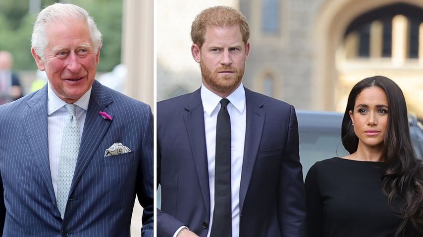 Collage: König Charles, Prinz Harry und Herzogin Meghan