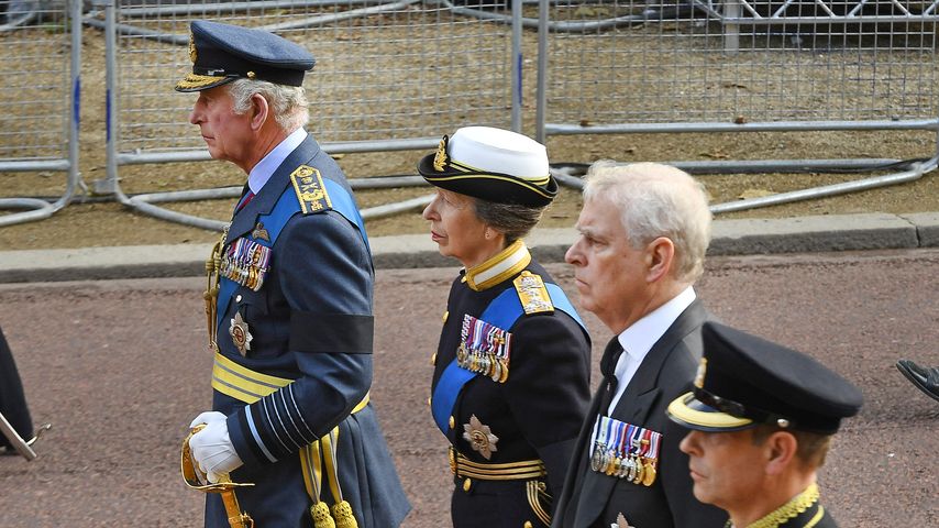 König Charles, Prinzessin Anne, Prinz Andrew und Prinz Edward bei der feierlichen Prozession