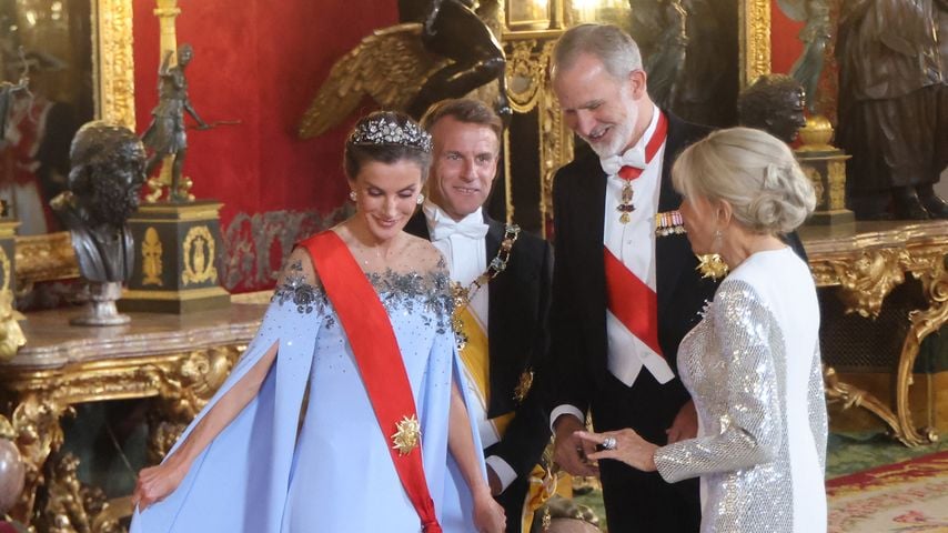 König Felipe VI., Königin Letizia, Emmanuel Macron und Brigitte Macron beim Staatsbankett im Königspalast in Madrid, 29. September 2026