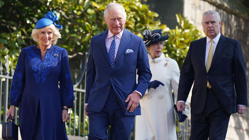 Königin Camilla, König Charles, Prinzessin Anne und Prinz Andrew an Ostern 2023
