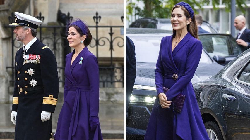 Collage: Königin Mary von Dänemark recycelt ein blaues Wickelkleid