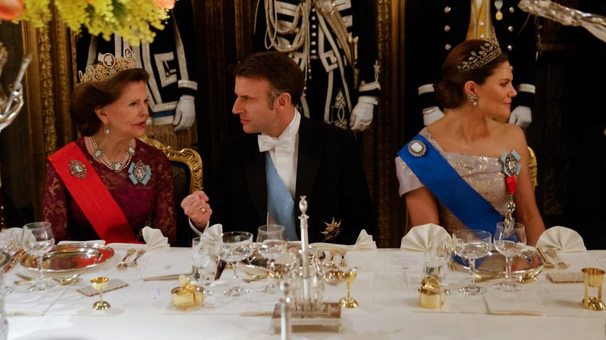 Königin Silvia, Emmanuel Macron und Prinzessin Victoria beim Galadinner