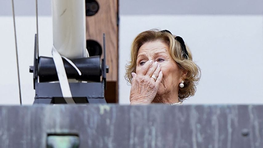 Königin Sonja von Norwegen auf dem Balkon des Königspalasts nach der Beisetzung von König Harald V in Oslo