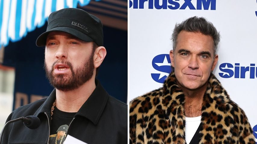Collage: Links: Eminem, Musiker, Rechts: Robbie Williams im Januar 2025