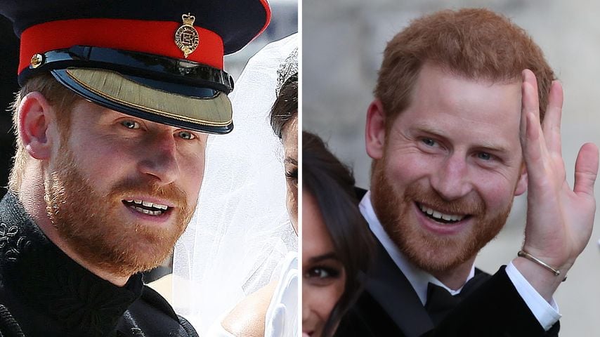 Collage: Links: Prinz Harry und Herzogin Meghan bei ihrer Hochzeit am 19. Mai 2018, Rechts: Herzogin Meghan und Prinz Harry nach ihrer Hochzeit