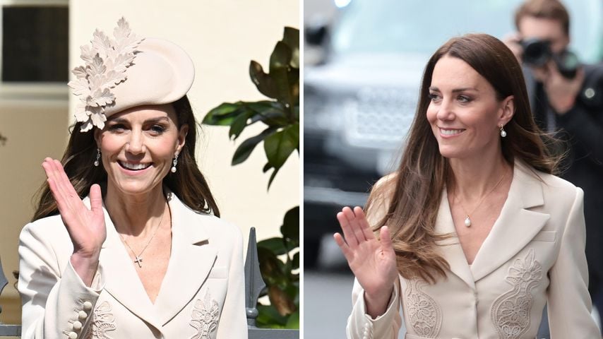 Collage: Links: Prinzessin Kate beim Ostergottesdienst 2026, rechts: Kate 2022