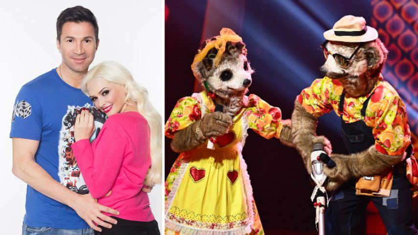 Collage: Luca Cordalis und Daniela Katzenberger und die Erdmännchen aus "The Masked Singer"