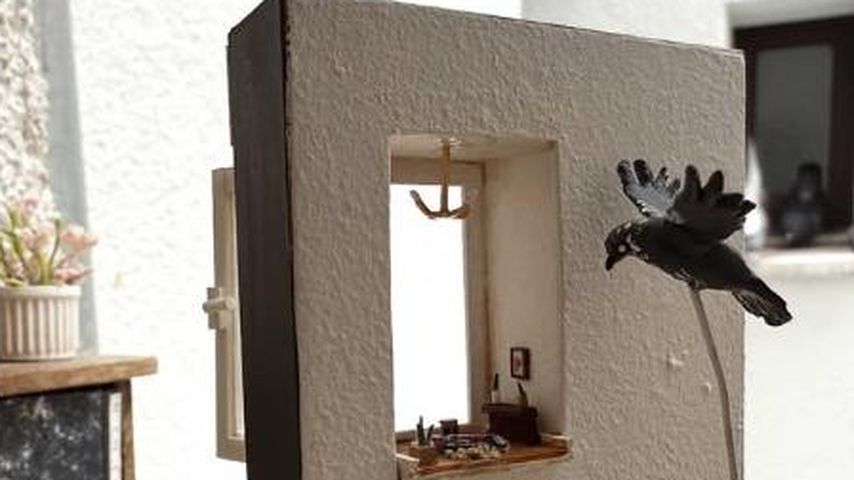 Miniatur-Nachbau von Malte Zierdens Fensterbrett und seiner verstorbenen Taube Oßkar