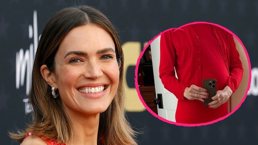 Im kleinen Roten: Mandy Moore setzt ihre Babykugel in Szene
