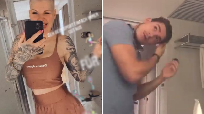Collage: Melanie Müller und Henrik Stoltenberg in einem verdächtig ähnlichen Hotel-Badezimmer