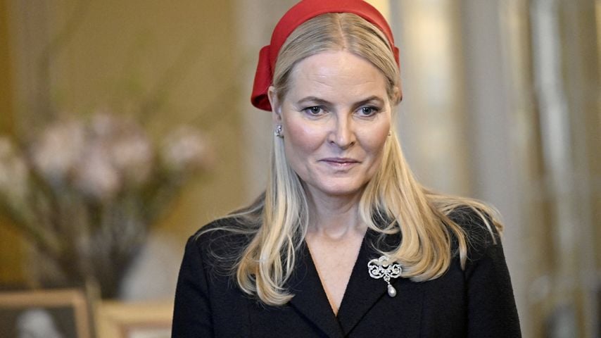 Höflichkeitsbesuch in Oslo: Mette-Marit bei der Ankunft des belgischen Königspaars im Schloss