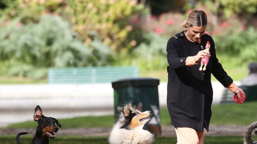 Michelle Hunziker mit ihrem Hund Odino und weiteren Vierbeinern